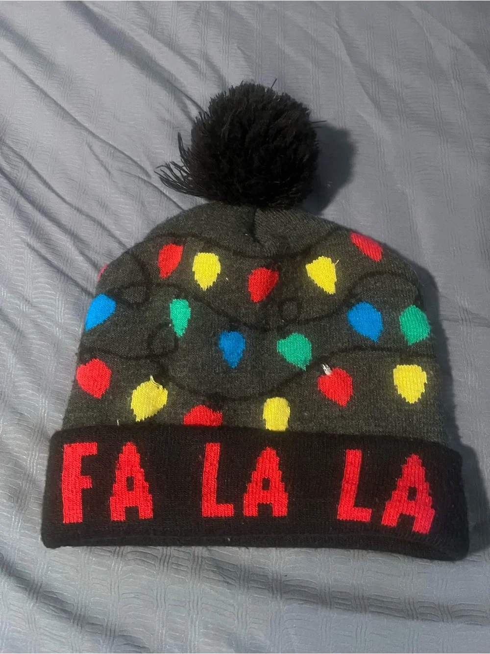 Kids 'Fa La La' Pom Beanie Hat in Dark Gray with Multi-Colored Lights